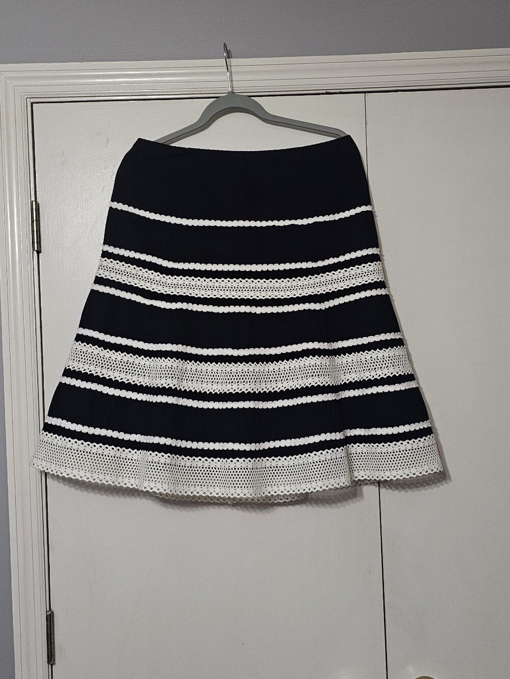 Talbots Black A-Line Skirt with White Crochet Stripes 100% Cotton, Lined, Sz 10